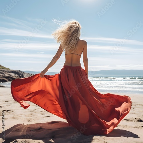 On the beach, a striking blonde girl stands in a red summer dress, her graceful figure complementing the beautiful ocean view before her. Backs turned.