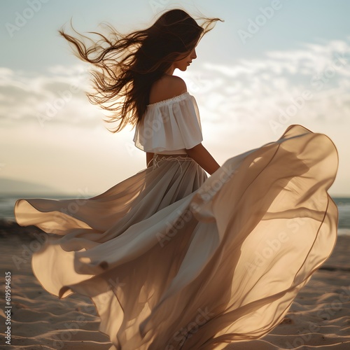 On the beach, a striking brunette stands in a white summer dress, her graceful figure complementing the beautiful ocean view before her. Backs turned.
