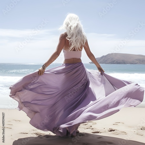 Wunderschöne Blondine im lila Sommerkleid steht am Strand und genießt den Blick auf das Meer. Rücken zugekehrt.