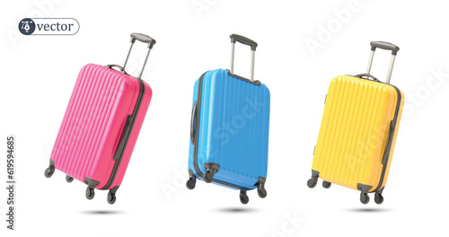 Fototapeta Yellow, blue and pink suitcase flying on white background