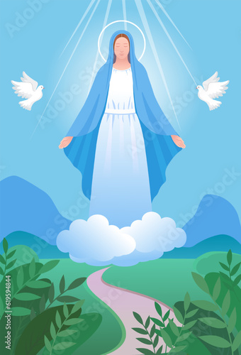 Assumption of mary. Feast of the immaculate conception.Holy Mother of God in the clouds. Can be used for holidays design in Christian communities.Vector illustration