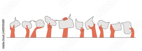 People's hands exchange ideas and holding speech bubble with vote and comment. Voters cooperation and communicate. Diversity multicultural group of citizen with message cartoon vector illustration
