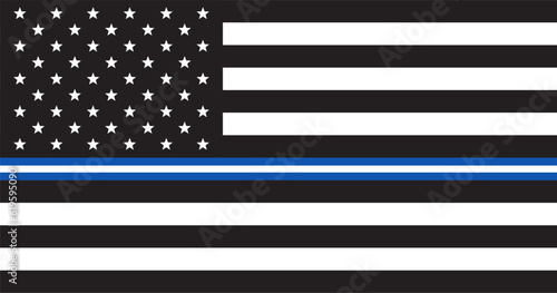 Police us flag. Patriotic symbol. Black and white US Flag with blue line.