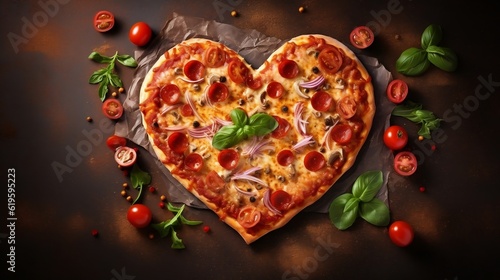 Pizza heart shape with ingredients and copy spase on vintage background. Happy Valentines day. love concept, Generative AI