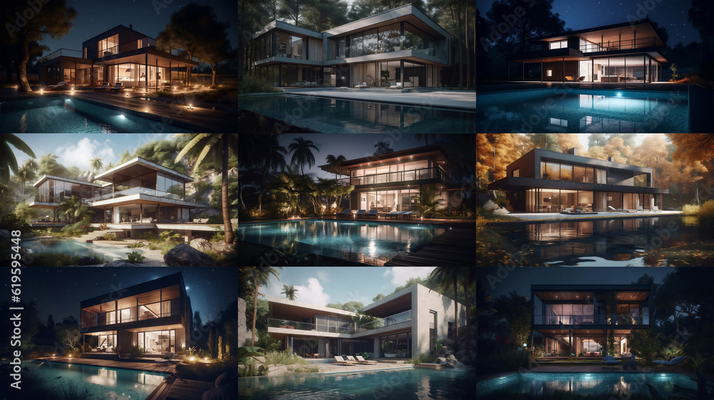 Set of beautiful modern house exterior design backgrounds AI generated