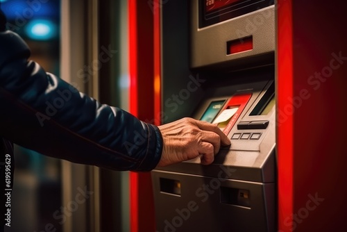 Close up hands using an ATM machine on a sunny day. Generative AI