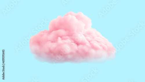 Big fluffy pink cloud isolated on blue background. Vector realistic illustration with soft pastel sky