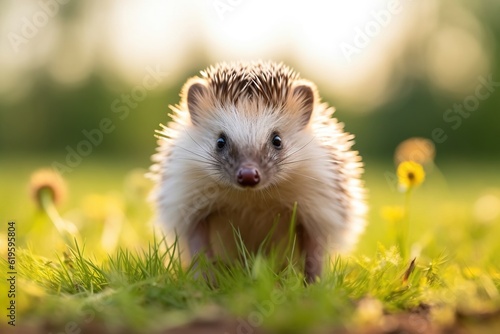 Little cute hedgehog sitting in the grass. Created with generative AI.