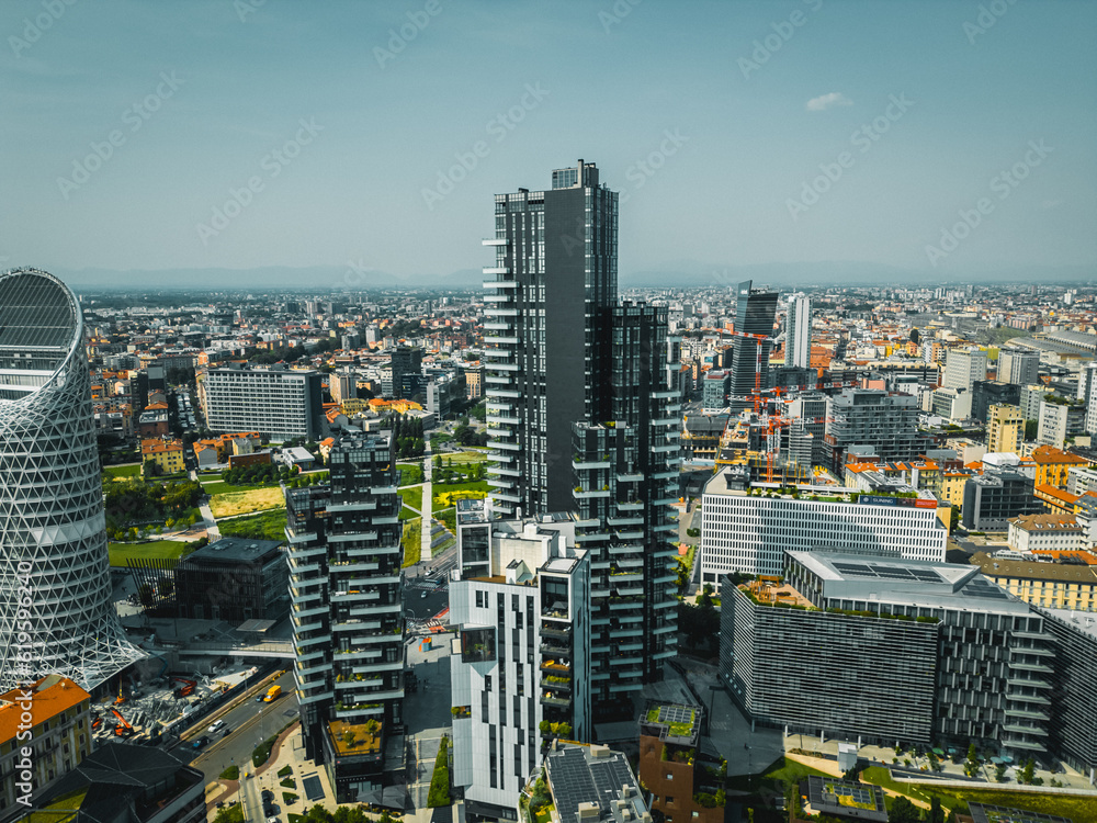 Obraz premium Aerial drone photo of modern skyscrapers in Milan, Italy
