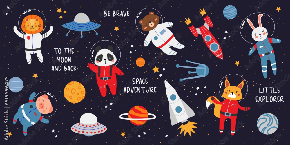 Space Animal Set. Cute animals in spacesuits. Panda, lion, rabbit, bear, squirrel and piggy, rockets, UFO, stars, planets. Adventure vector set. Children's illustration, banner. Space illustration. Space Animal Set. Cute animals in spacesuits. Panda, lion, rabbit, bear, squirrel and piggy, rockets, UFO, stars, planets. Adventure vector set. Children's illustration, banner. Space illustration.