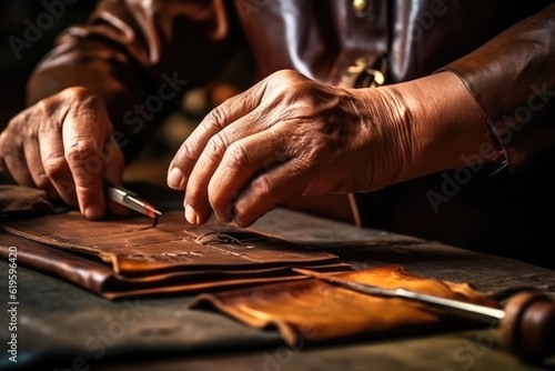 Close-up of old hands of a furrier master working on a simple leather product. Generative AI photo