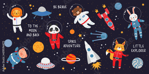 Space Animal Set. Cute animals in spacesuits. Panda, lion, rabbit, bear, squirrel and piggy, rockets, UFO, stars, planets. Adventure vector set. Children's illustration, banner. Space illustration.