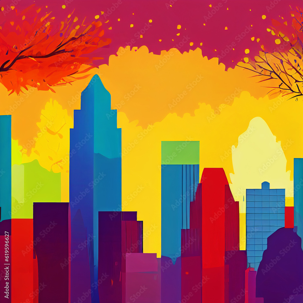 Multicolored silhouettes of skyscrapers between the branches of trees. AI-generated
