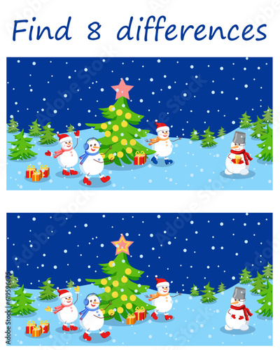 Logic puzzle game. Find 8 differences in Christmas party snowmen. Night winter landscape. Vector illustration for children's development.