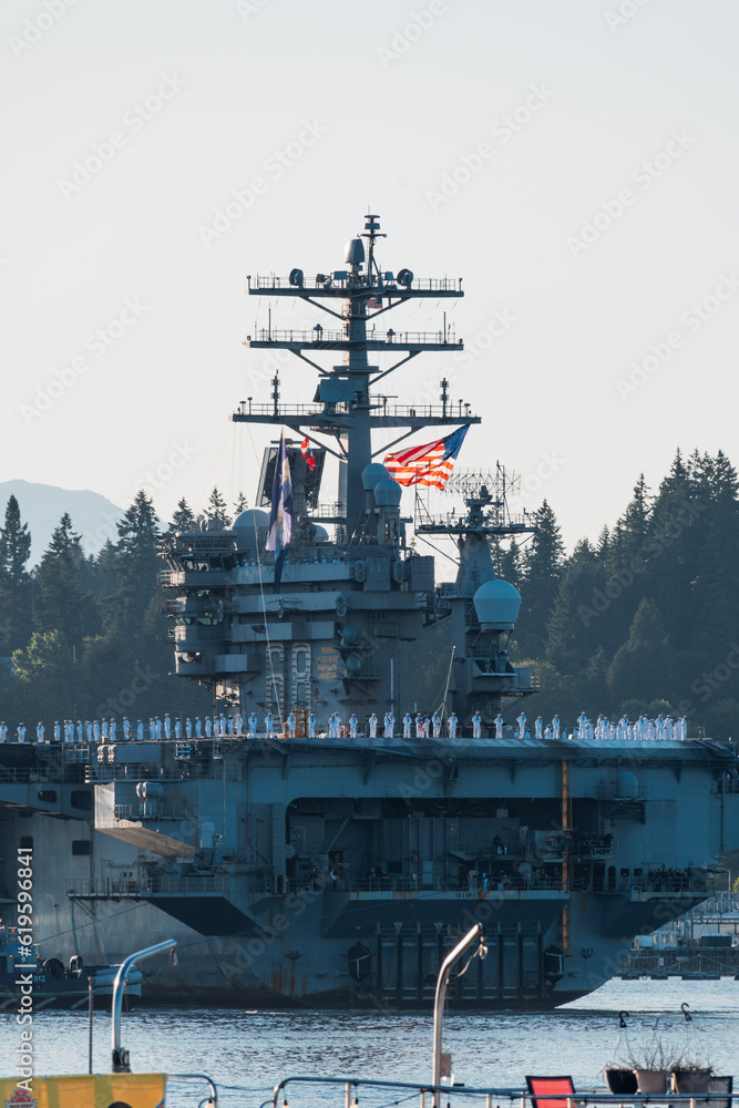Port Orchard, WA, United States of America - July 2nd, 2023: Sailors of the USS Nimitz return back home in time for the 4th of July holiday. Shot from the Port Orchard Marina