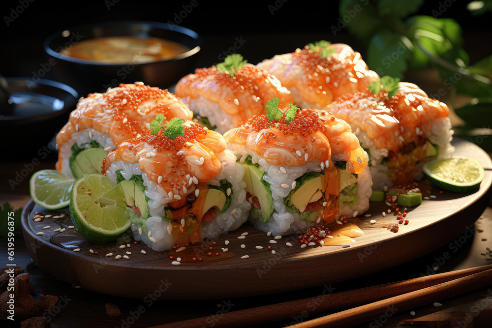 Sushi roll filled with succulent salmon and shrimp tempura. Generative Ai. Sushi roll filled with succulent salmon and shrimp tempura. Generative Ai.