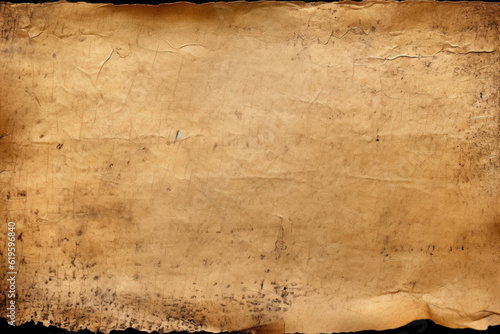 Aged parchment texture featuring dark, tattered edges. Generative AI