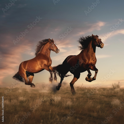 Two bay horses run gallop in the field on sunset sky background