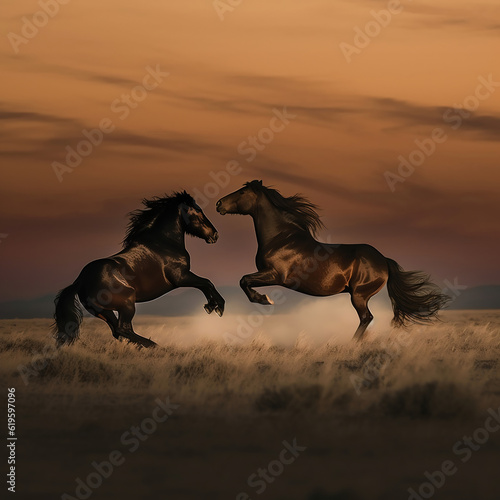 Two bay horses run gallop in the field on sunset sky background © Soeren