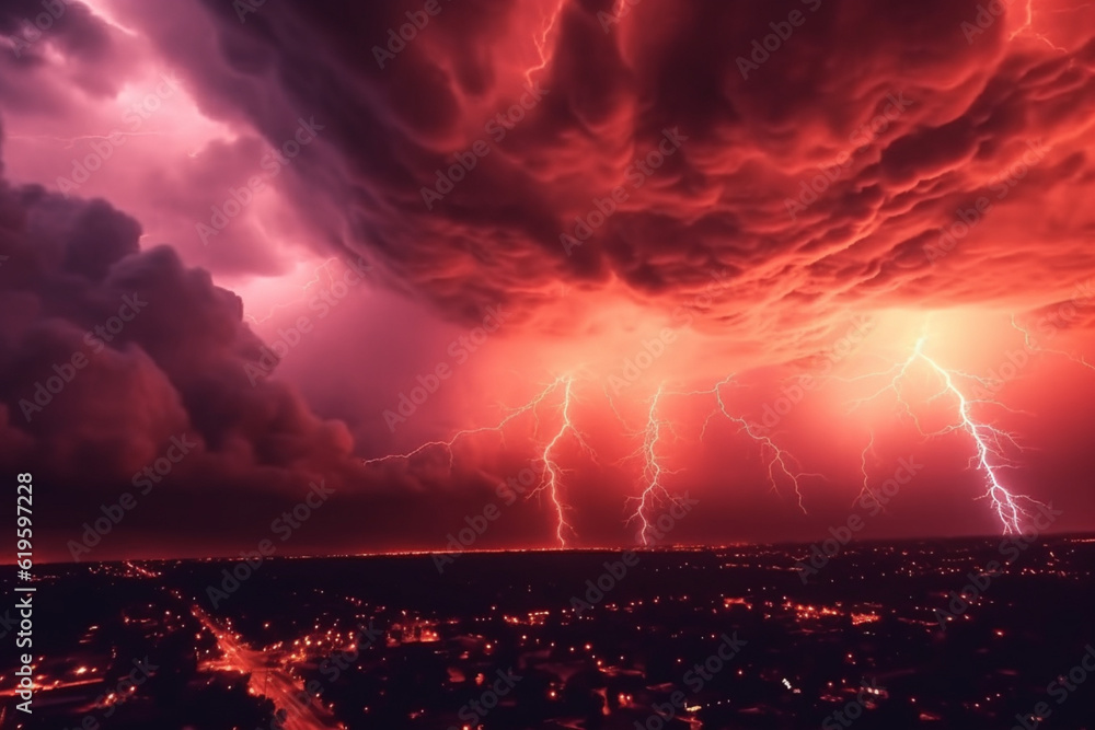Apocalyptic scene: red stormy sky pierced by dazzling lightning. Generative AI