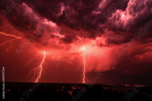 Apocalyptic scene: red stormy sky pierced by dazzling lightning. Generative AI