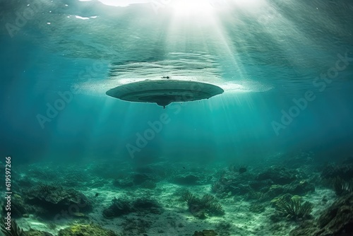 unidentified object ufo underwater covered with rust and algae. Generative AI