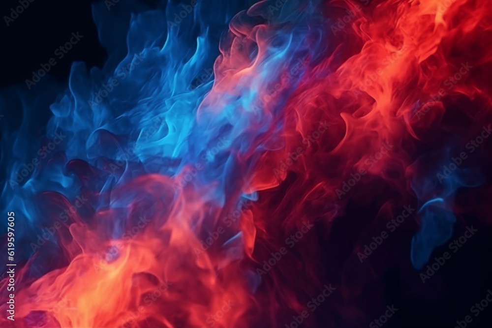 Bold red and blue flames ignite the darkness of the background. Generative AI