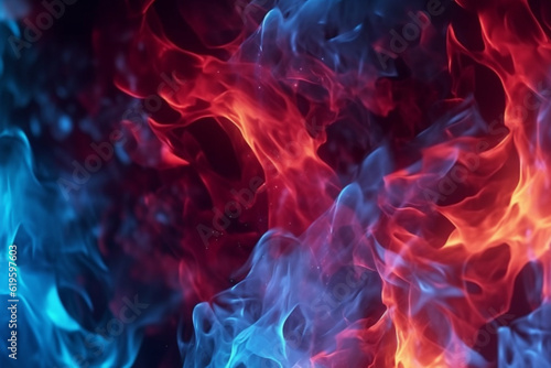 Bold red and blue flames ignite the darkness of the background. Generative AI