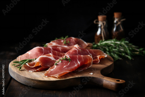 Slices of jamon serrano ham or prosciutto crudo parma on wooden board with rosemary. Wooden background,ai generated