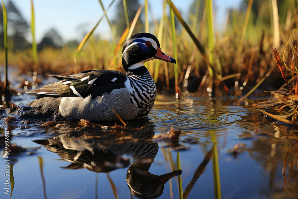 Male Wood Duck (Aix sponsa) gracefully gliding in a serene wetland