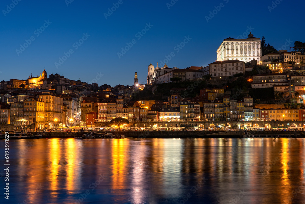skyline in the evening in Porto on the riverside of Duero river cityscape at night