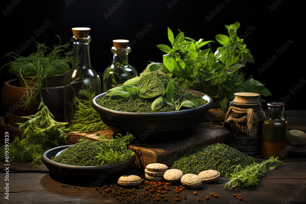 Representation of alternative health practices with fresh herbs and a mortar, set against a black mirror background. Generative Ai. Representation of alternative health practices with fresh herbs and a mortar, set against a black mirror background. Generative Ai.