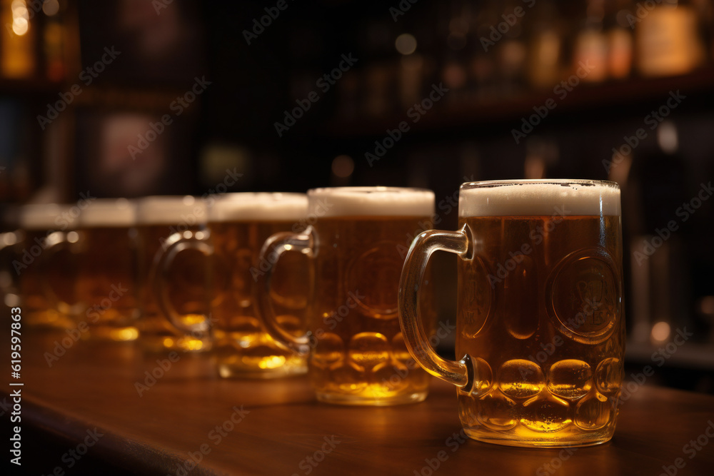 Mugs full of beer on a bar counter,ai generated