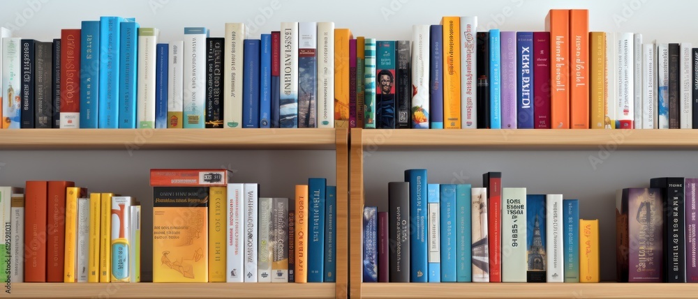 Close up of library books on shelf. Generative AI Close up of library books on shelf. Generative AI