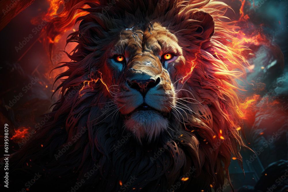 Fiery Lion depicted in a digital drawing, its mane glowing with vibrant hues. Generative Ai.