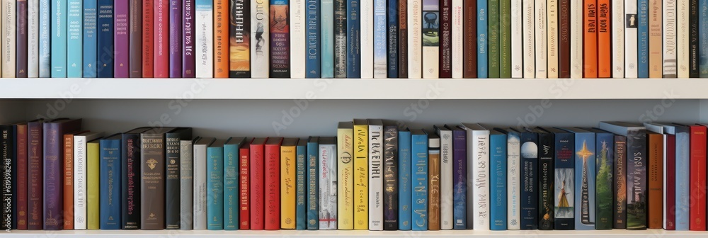 Close up of library books on shelf. Generative AI Close up of library books on shelf. Generative AI