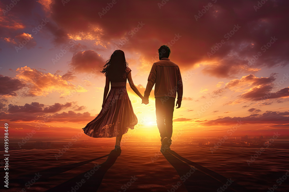 Two people of the same gender holding hands, standing in front of a beautiful sunset, symbolizing love, acceptance, and the freedom to express affection without fear of discrimination