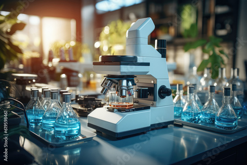 Close-up photo of laboratory equipment featuring an optical microscope. Microscopes are essential tools for conducting experiments and educational. Generative Ai.