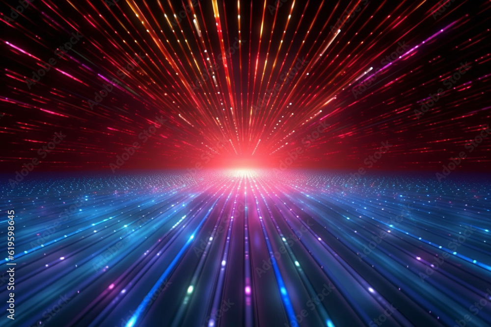 Obraz premium Disco backdrop with vibrant blue and red shimmering rays. Generative AI