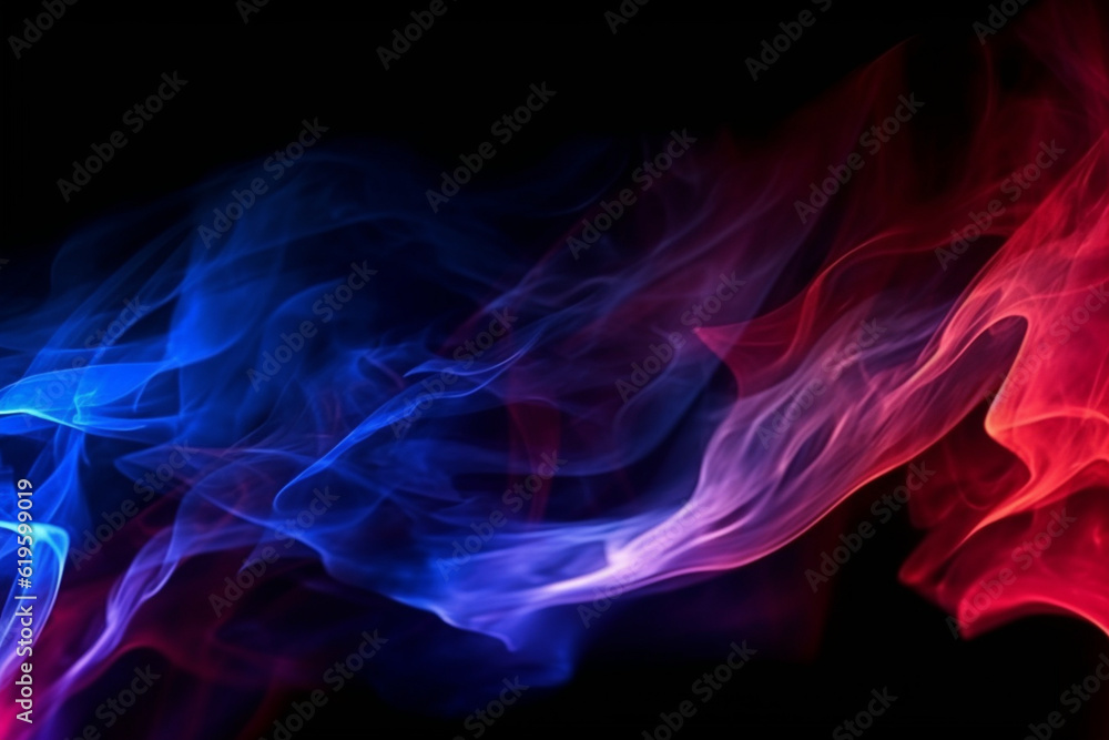 Dynamic interplay of red and blue flames on a black surface. Generative AI