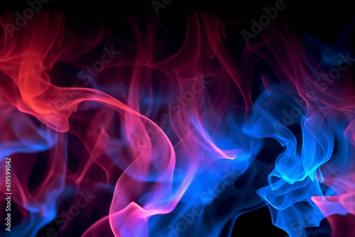 Dynamic red and blue flames dance against a black backdrop. Generative AI