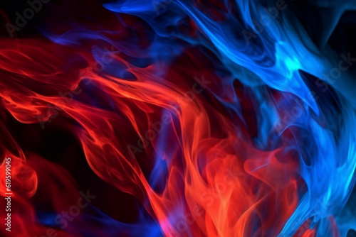 Dynamic red and blue flames dance against a black backdrop. Generative AI
