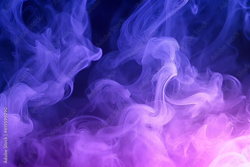 Enigmatic smoke-filled darkness illuminated by purple and blue searchlights. Generative AI