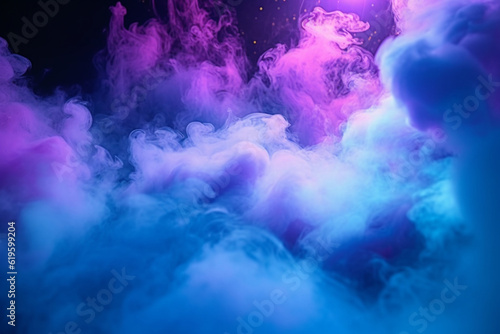 Engulfed in smoke, vibrant purple and blue searchlights create intrigue. Generative AI