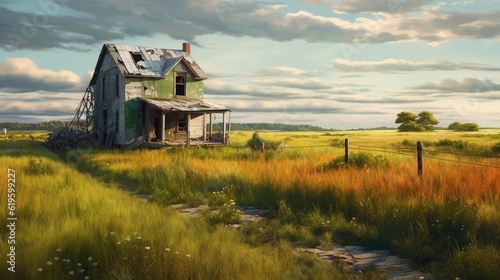 Old abandoned house in a field. Created with generative AI.