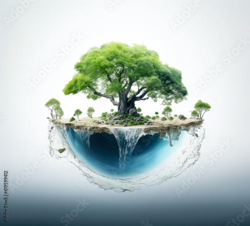 A tree sitting on top of the world  in the style of light blue and green  white background.