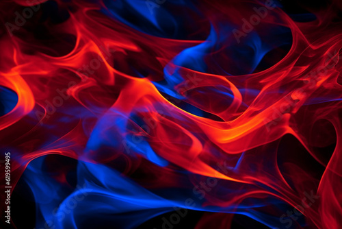 Fiery red and electric blue flames contrast on a black canvas. Generative AI
