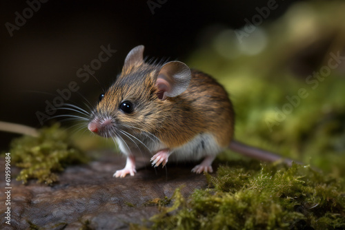 A shy little mouse between the trunks of a forest,ai generated