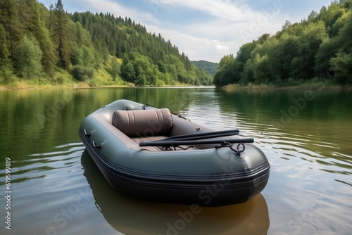 Empty green inflatable boat on the river,ai generated