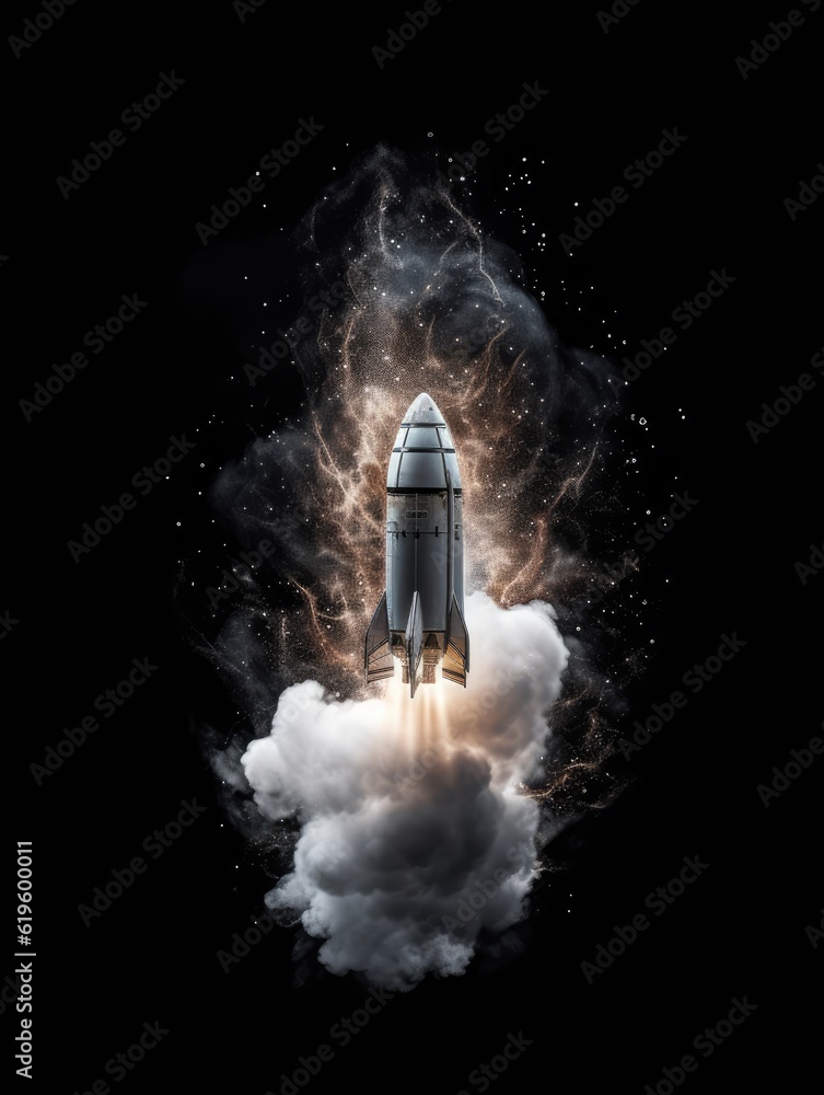 custom made wallpaper toronto digitalRocketship taking off in smoke with swirling background and sparkling particles, spacepunk concept of space ship, AI